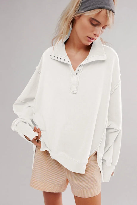 Exposed Seam Side Slit Long Sleeve Sweatshirt - V.I.P Digital Presence
