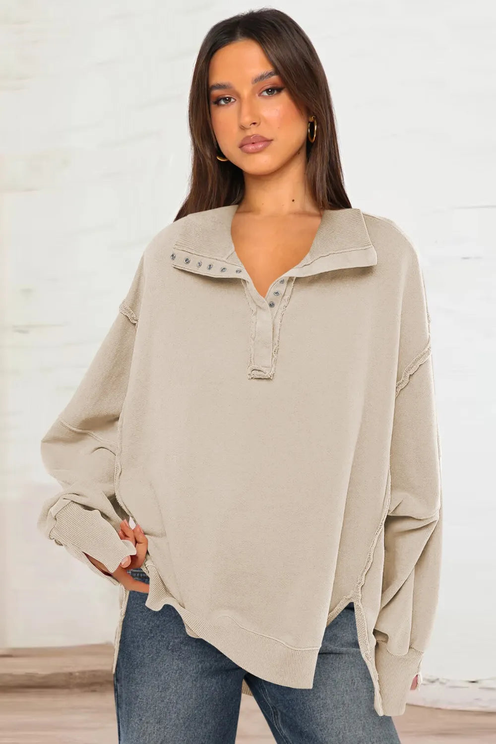 Exposed Seam Side Slit Long Sleeve Sweatshirt - V.I.P Digital Presence
