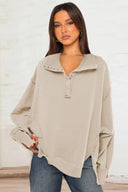 Exposed Seam Side Slit Long Sleeve Sweatshirt - V.I.P Digital Presence