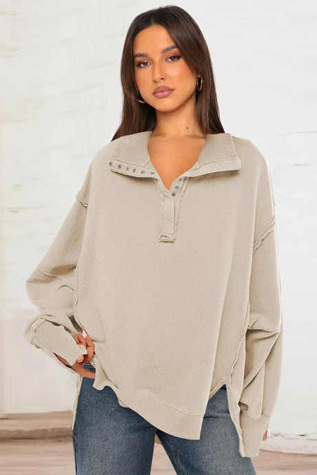 Exposed Seam Side Slit Long Sleeve Sweatshirt - V.I.P Digital Presence