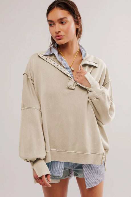 Exposed Seam Side Slit Long Sleeve Sweatshirt - V.I.P Digital Presence