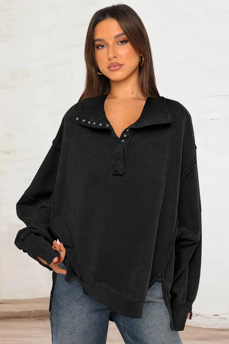 Exposed Seam Side Slit Long Sleeve Sweatshirt - V.I.P Digital Presence