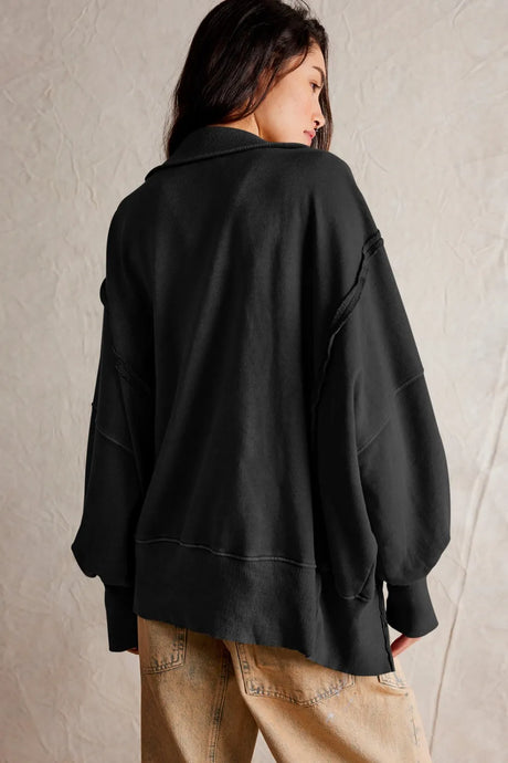 Exposed Seam Side Slit Long Sleeve Sweatshirt - V.I.P Digital Presence
