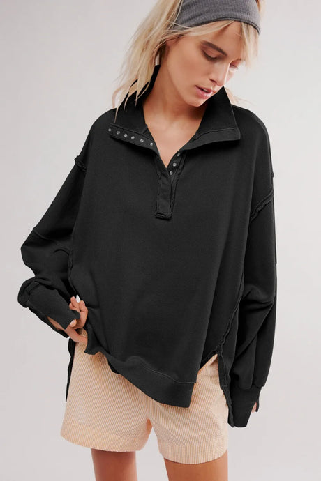 Exposed Seam Side Slit Long Sleeve Sweatshirt - V.I.P Digital Presence
