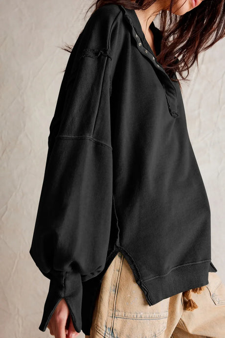 Exposed Seam Side Slit Long Sleeve Sweatshirt - V.I.P Digital Presence