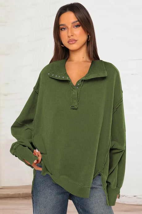 Exposed Seam Side Slit Long Sleeve Sweatshirt - V.I.P Digital Presence