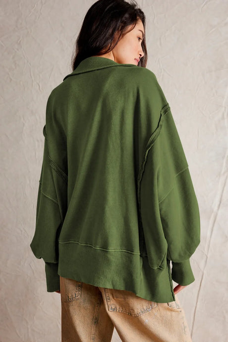 Exposed Seam Side Slit Long Sleeve Sweatshirt - V.I.P Digital Presence