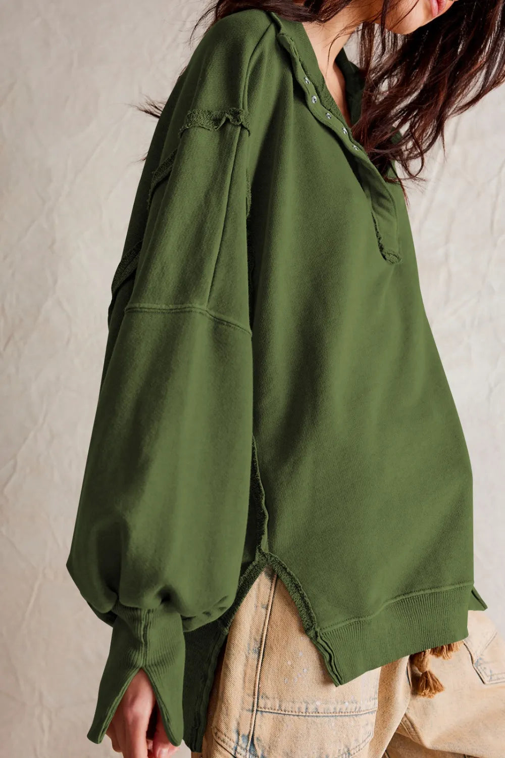Exposed Seam Side Slit Long Sleeve Sweatshirt - V.I.P Digital Presence