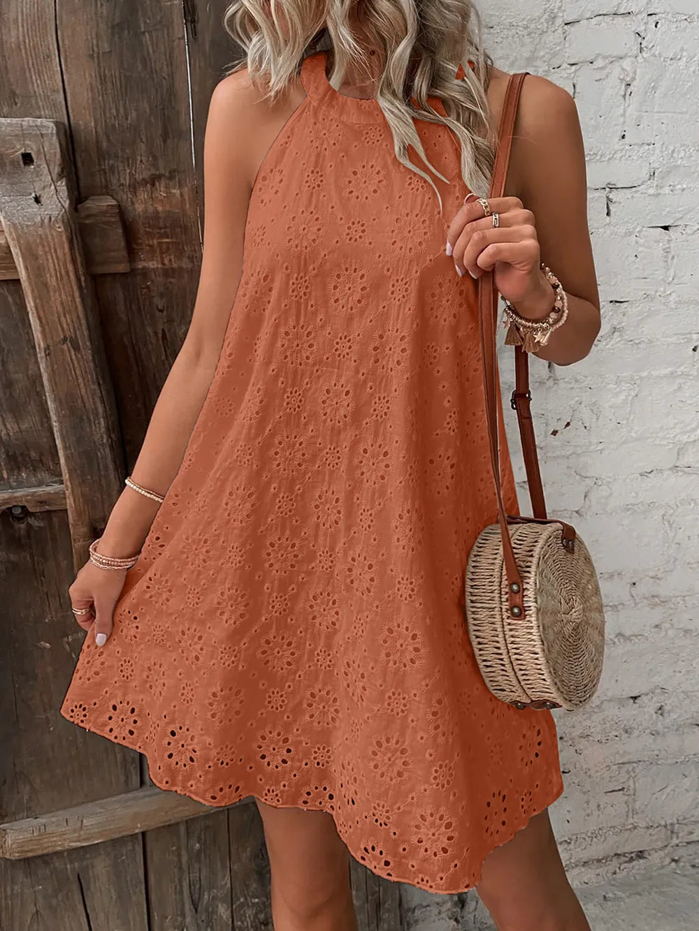 Eyelet Grecian Neck Mini Dress - V.I.P Digital Presence
