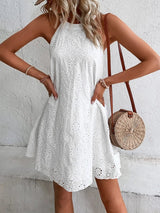 Eyelet Grecian Neck Mini Dress - V.I.P Digital Presence