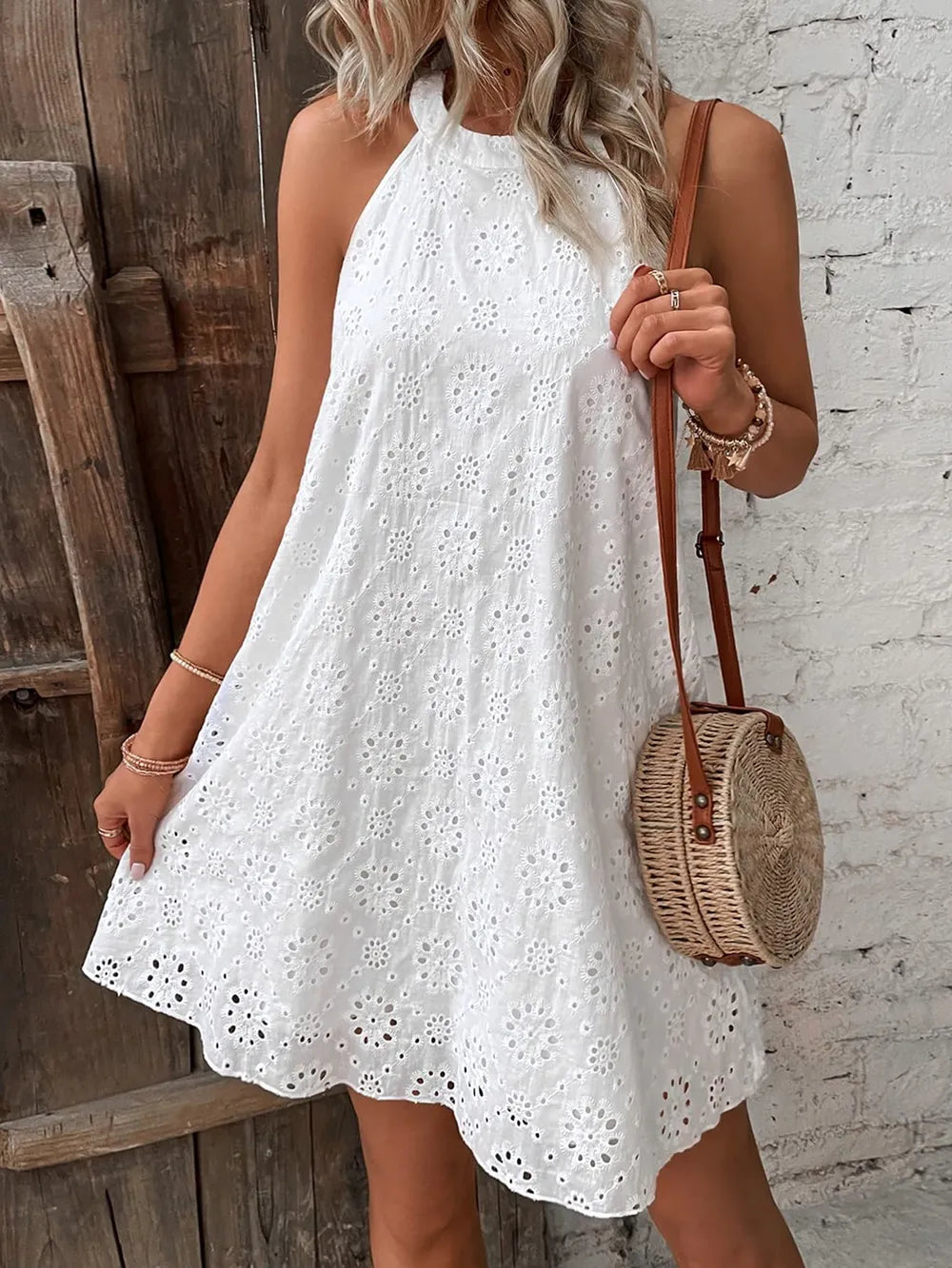 Eyelet Grecian Neck Mini Dress - V.I.P Digital Presence