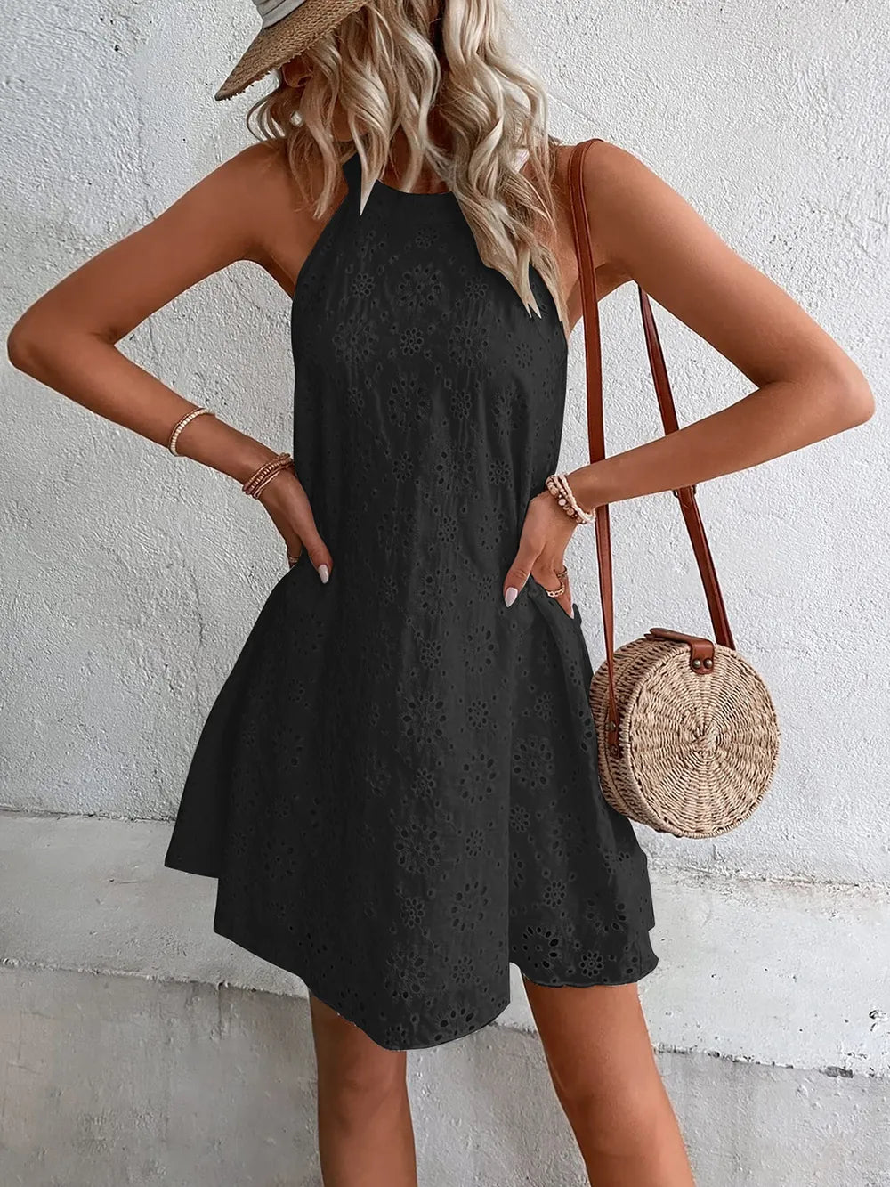 Eyelet Grecian Neck Mini Dress - V.I.P Digital Presence