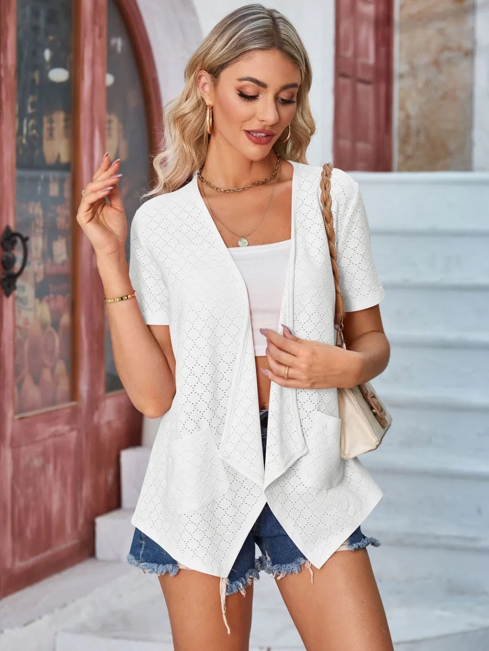 Eyelet Open Front Short Sleeve Cover Up - V.I.P Digital Presence