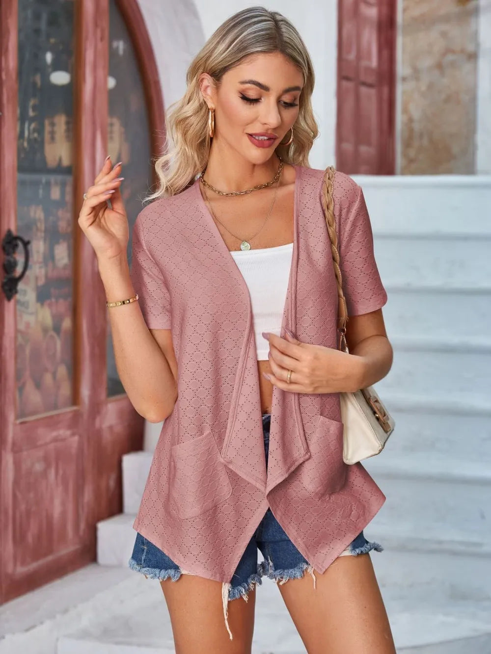 Eyelet Open Front Short Sleeve Cover Up - V.I.P Digital Presence