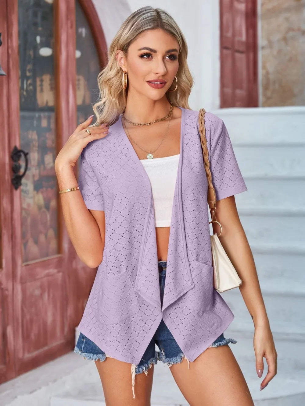 Eyelet Open Front Short Sleeve Cover Up - V.I.P Digital Presence