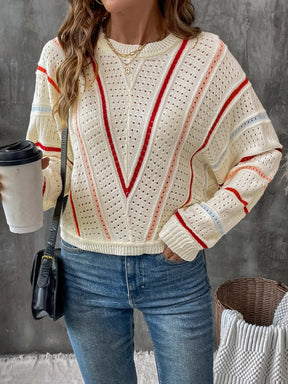 Eyelet Round Neck Long Sleeve Sweater - V.I.P Digital Presence