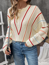 Eyelet Round Neck Long Sleeve Sweater - V.I.P Digital Presence