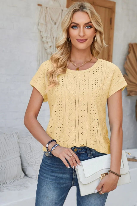 Eyelet Round Neck Rolled Short Sleeve T-Shirt - V.I.P Digital Presence