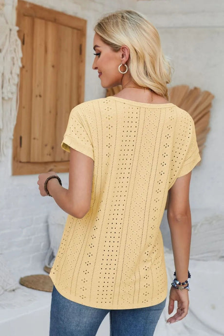 Eyelet Round Neck Rolled Short Sleeve T-Shirt - V.I.P Digital Presence