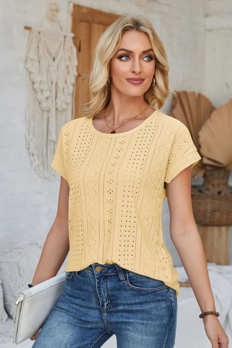 Eyelet Round Neck Rolled Short Sleeve T-Shirt - V.I.P Digital Presence