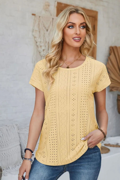 Eyelet Round Neck Rolled Short Sleeve T-Shirt - V.I.P Digital Presence