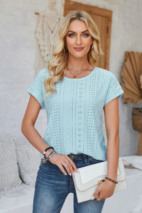 Eyelet Round Neck Rolled Short Sleeve T-Shirt - V.I.P Digital Presence