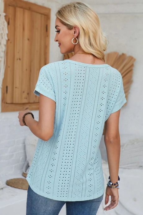 Eyelet Round Neck Rolled Short Sleeve T-Shirt - V.I.P Digital Presence
