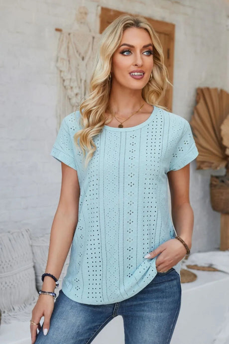 Eyelet Round Neck Rolled Short Sleeve T-Shirt - V.I.P Digital Presence