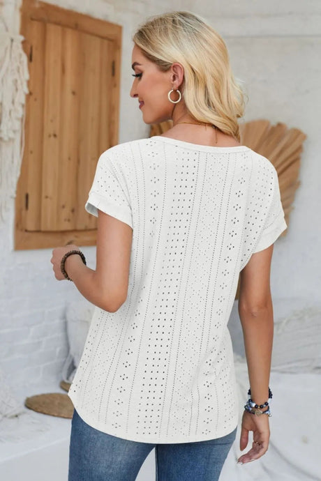 Eyelet Round Neck Rolled Short Sleeve T-Shirt - V.I.P Digital Presence