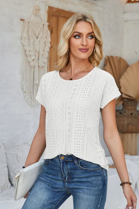 Eyelet Round Neck Rolled Short Sleeve T-Shirt - V.I.P Digital Presence