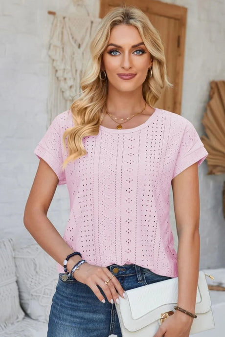 Eyelet Round Neck Rolled Short Sleeve T-Shirt - V.I.P Digital Presence