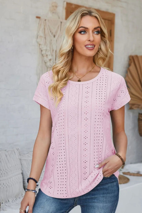 Eyelet Round Neck Rolled Short Sleeve T-Shirt - V.I.P Digital Presence