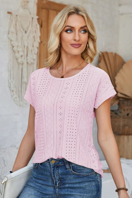 Eyelet Round Neck Rolled Short Sleeve T-Shirt - V.I.P Digital Presence