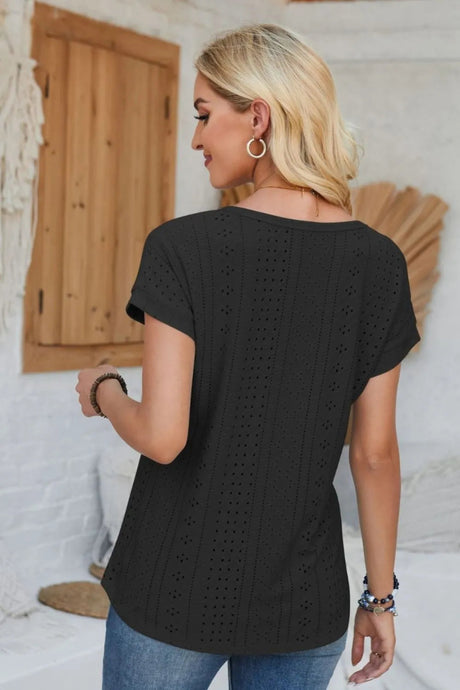 Eyelet Round Neck Rolled Short Sleeve T-Shirt - V.I.P Digital Presence