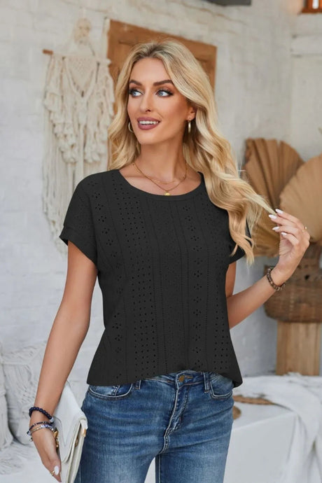 Eyelet Round Neck Rolled Short Sleeve T-Shirt - V.I.P Digital Presence