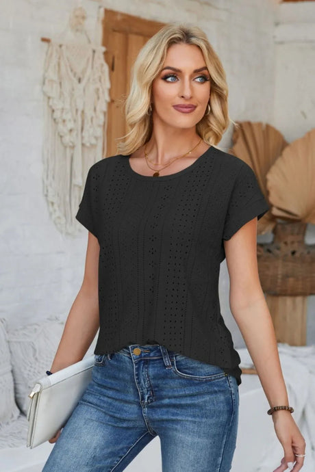 Eyelet Round Neck Rolled Short Sleeve T-Shirt - V.I.P Digital Presence