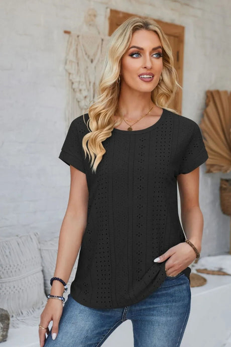 Eyelet Round Neck Rolled Short Sleeve T-Shirt - V.I.P Digital Presence
