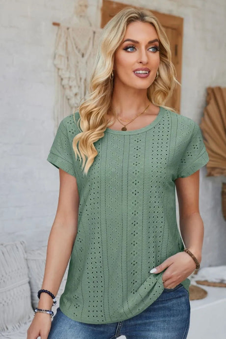 Eyelet Round Neck Rolled Short Sleeve T-Shirt - V.I.P Digital Presence