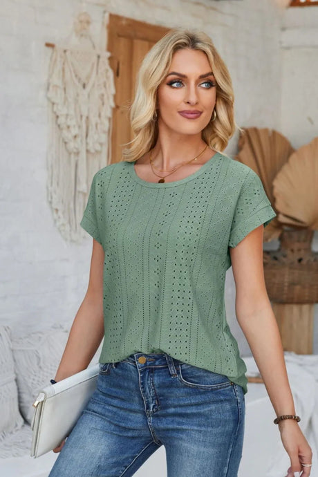 Eyelet Round Neck Rolled Short Sleeve T-Shirt - V.I.P Digital Presence