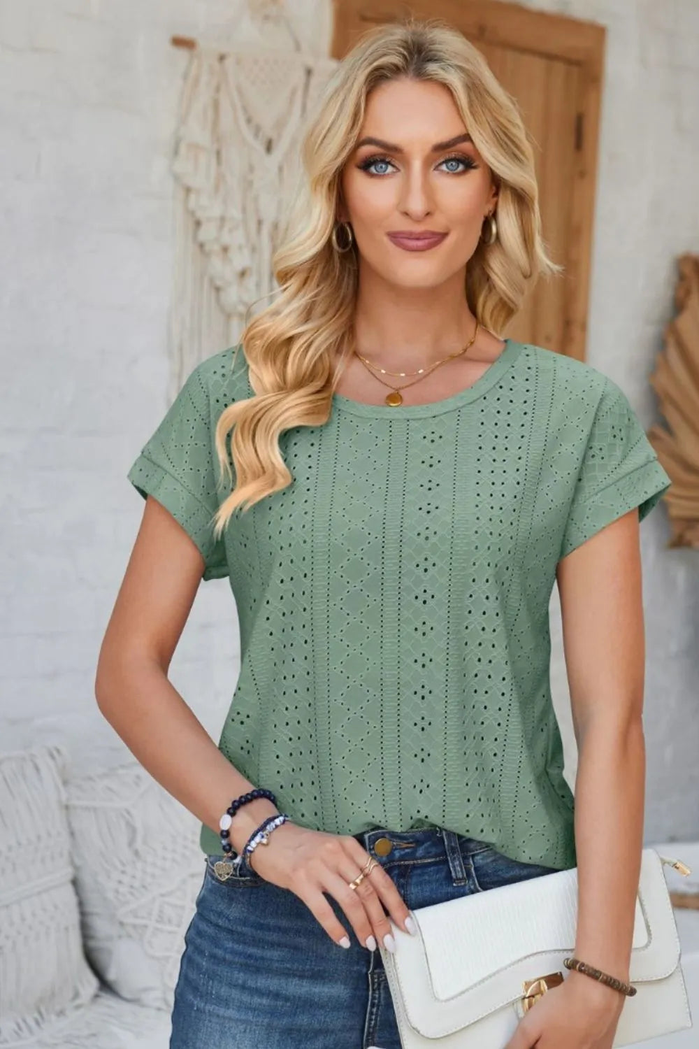 Eyelet Round Neck Rolled Short Sleeve T-Shirt - V.I.P Digital Presence