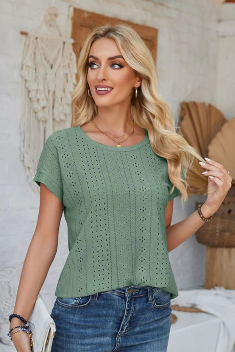 Eyelet Round Neck Rolled Short Sleeve T-Shirt - V.I.P Digital Presence