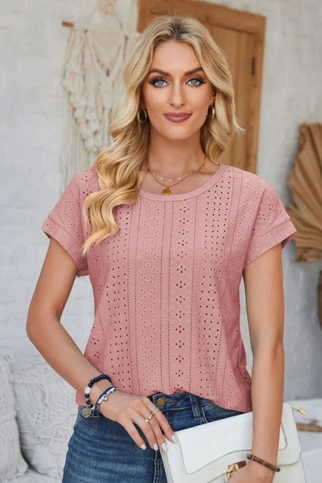 Eyelet Round Neck Rolled Short Sleeve T-Shirt - V.I.P Digital Presence