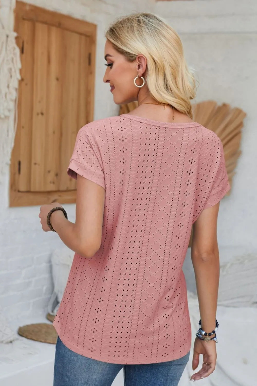 Eyelet Round Neck Rolled Short Sleeve T-Shirt - V.I.P Digital Presence