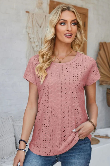 Eyelet Round Neck Rolled Short Sleeve T-Shirt - V.I.P Digital Presence