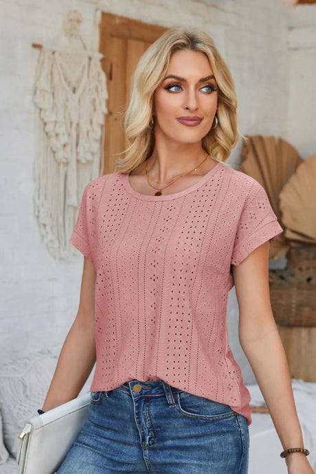Eyelet Round Neck Rolled Short Sleeve T-Shirt - V.I.P Digital Presence