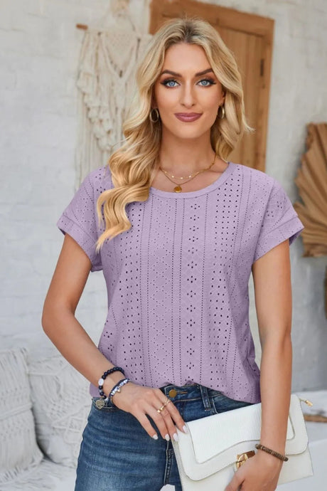Eyelet Round Neck Rolled Short Sleeve T-Shirt - V.I.P Digital Presence