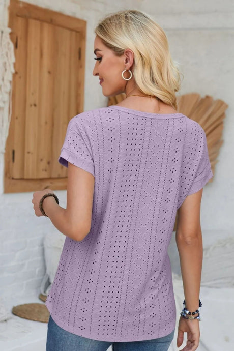 Eyelet Round Neck Rolled Short Sleeve T-Shirt - V.I.P Digital Presence