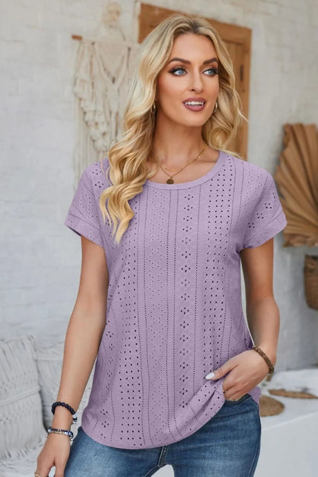 Eyelet Round Neck Rolled Short Sleeve T-Shirt - V.I.P Digital Presence