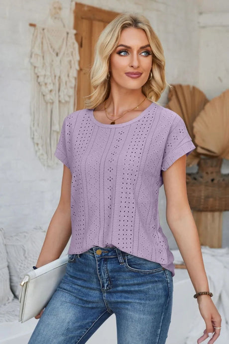 Eyelet Round Neck Rolled Short Sleeve T-Shirt - V.I.P Digital Presence