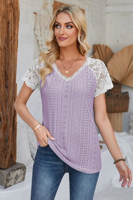 Eyelet V-Neck Lace Short Sleeve T-Shirt - V.I.P Digital Presence